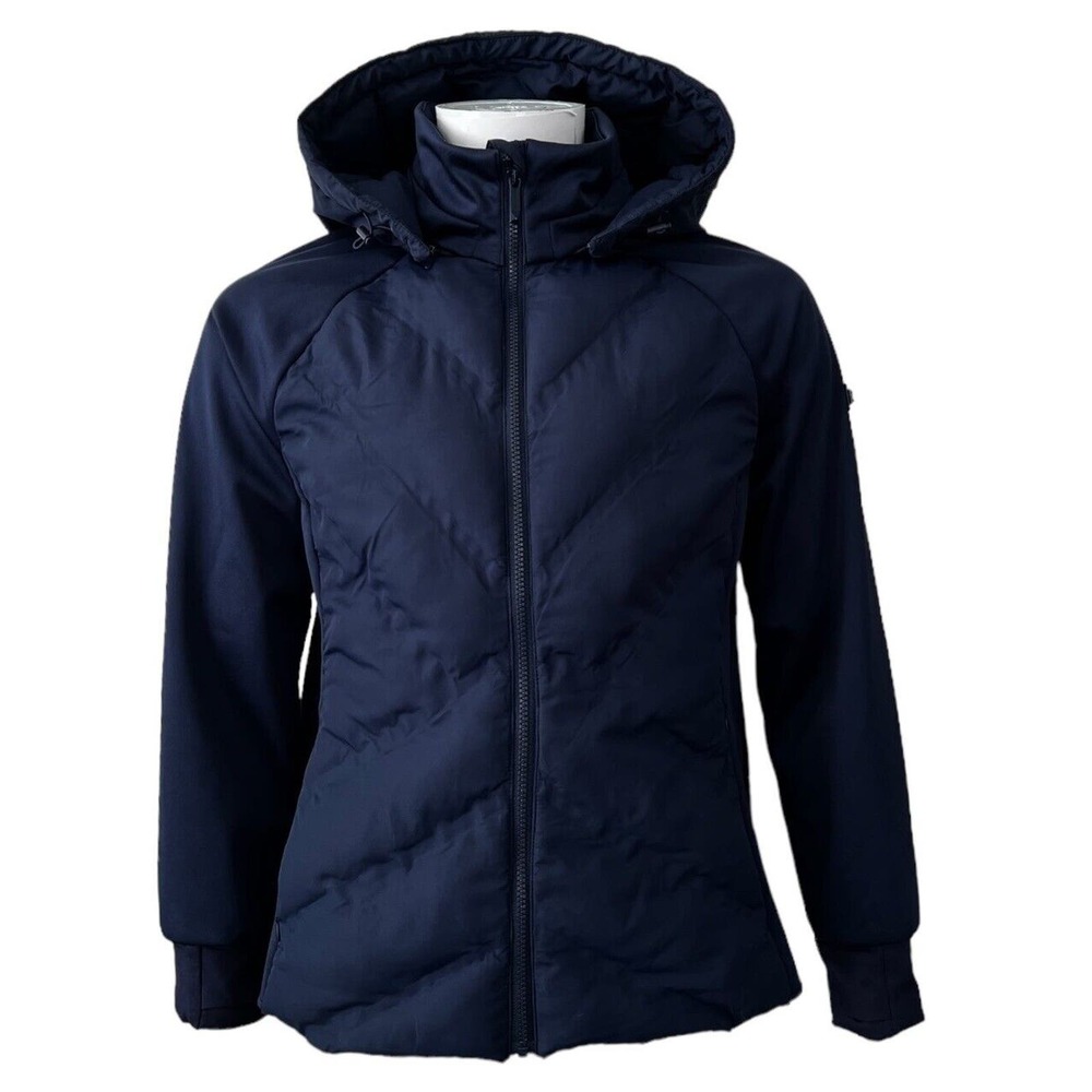BCBGMAXAZRIA Hooded Puffer Jacket Quilted Padded Chevron Lightweight Navy‎ Coat